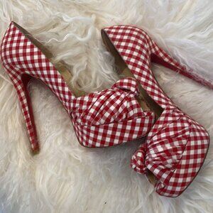 Christian Louboutin 5" Gingham Red & White Heels - Size 38.5 (US 9) – Stunning,